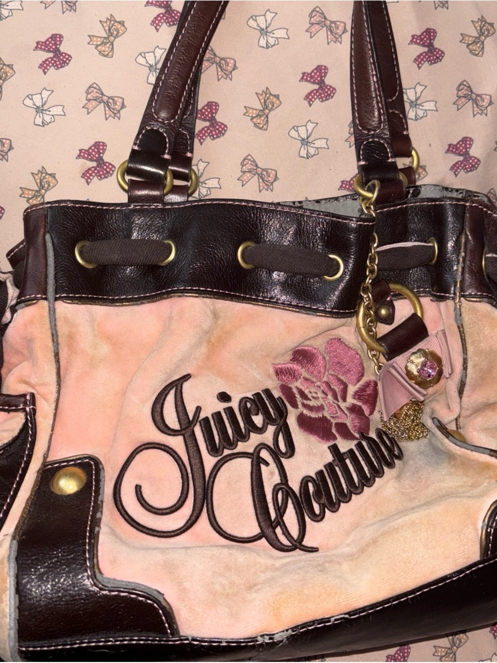 Juicy Couture Pink Velour Shoulder Bag with Brown Trim